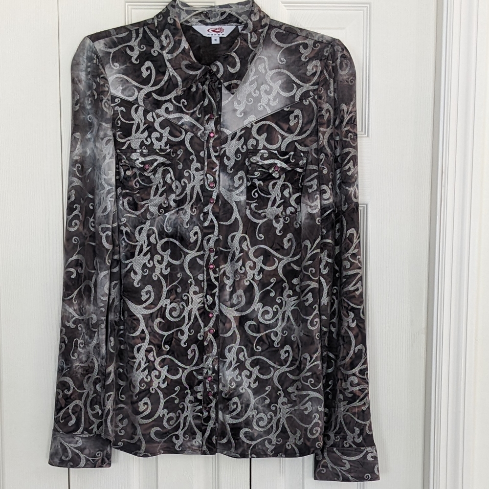 Women's Roper snap-up shirt, brown paisley, size medium, Western